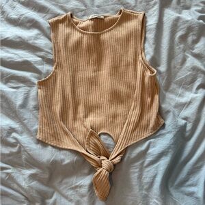 Zara Sleeveless Ribbed Tie Front Tank in Tan
